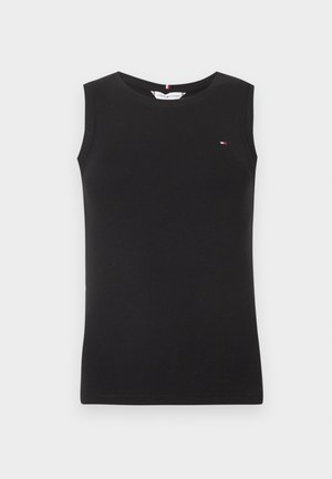 Sort ærmeløs T-shirt med rund hals og lille Tommy Hilfiger flaglogo på venstre bryst, ensfarvet design og ribbet krave.