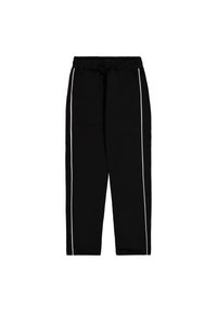 Schwarze Sporthose mit elastischem Bund, ausgestattet mit weißen Seitenstreifen und einem geraden Bein-Design. Hergestellt aus einem weichen, flexiblen Material.