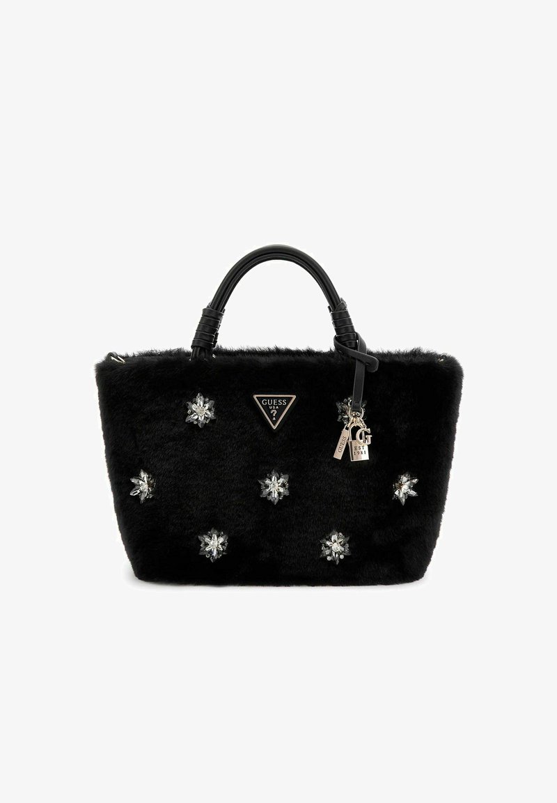 Borsa in pelo sintetico nero con accenti di cristallo decorativi, manici neri resistenti e una placca a forma triangolare con logo. Chiusura con cerniera sulla parte superiore.