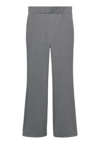 Svart och vitmönstrade byxor med en utsvängd bendesign. Tyget har en texturerad väv och ett elastiskt midjeband för komfort.