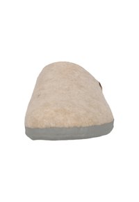Beige filttofflor med rundad form, grå gummisula och minimalistisk design; texturerad yttersida med en mysig utseende.
