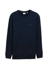Marineblaues Sweatshirt, Baumwollmix, Rundhals, lange Ärmel, gerippte Bündchen und Saum, mit Logodetail auf der linken Vorderseite. Glatte Textur.