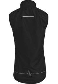 Schwarze ärmellose Jacke mit hohem Kragen, ausgestattet mit einem reflektierenden horizontalen Streifen und einem Herzschlaggrafik am Saum. Glatte Textur.