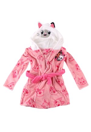 Rosa Kinderbademantel mit Katzen-Gesichtsmustern, einer Kapuze mit Katzenohren und -gesicht sowie einem Charakter-Aufnäher auf der Brust.