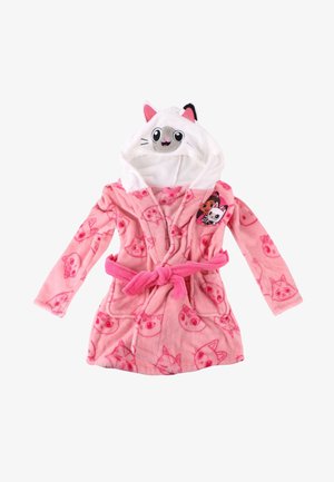 Accappatoio rosa per bambini con fantasie a forma di volto di gatto, cappuccio con orecchie e volto di gatto, e una toppa con un personaggio sul petto.