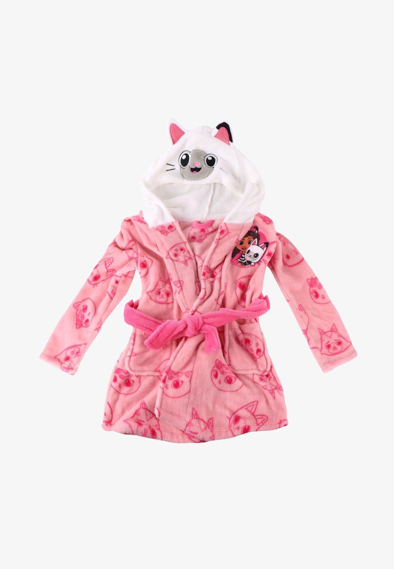 Accappatoio rosa per bambini con fantasie a forma di volto di gatto, cappuccio con orecchie e volto di gatto, e una toppa con un personaggio sul petto.