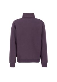 Felpa viola con colletto alto, polsini e orlo a costine. Texture liscia con dettagli minimi, che mostra un design semplice e moderno.