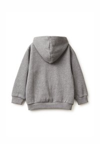 Sudadera gris de tejido suave con un ajuste relajado, que cuenta con un bolsillo canguro, puños acanalados y capucha con cordón.