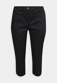 Svarta capribyxor i slät tyg, med knappknäppning fram och rundad nederkant, designade för en skräddarsydd passform.