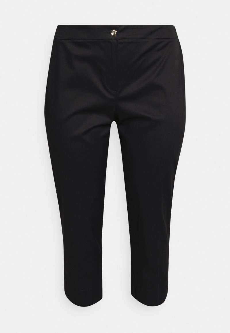 Svarta capribyxor i slät tyg, med knappknäppning fram och rundad nederkant, designade för en skräddarsydd passform.