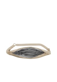 Sac bandoulière beige avec sangle réglable, fermeture éclair ouverte dévoilant plusieurs compartiments internes avec une doublure gris clair.