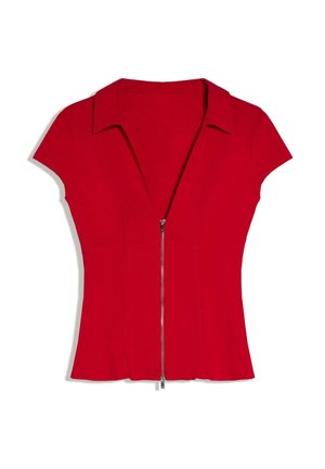Rotes, kurzärmeliges, tailliertes Oberteil mit Kragen und vorderem Reißverschluss, strukturierten Nähten und einem leicht ausgestellten Saum.