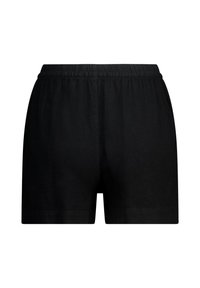 Mustat shortsit, joissa on joustava vyötärö, valmistettu pehmeästä kankaasta. Ominaisuuksiin kuuluu yksinkertainen, suora leikkaus ilman näkyviä kuvioita tai aksentteja.