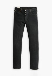 Zwarte denim jeans met een rechte pijp, vijf zakken en een bronzen knoopsluiting. Een gladde textuur met subtiele stikseldetails.