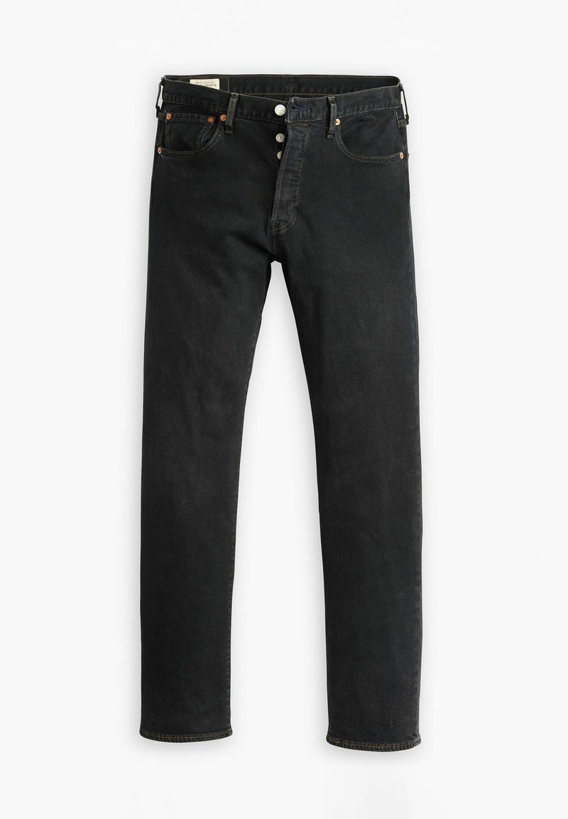 Zwarte denim jeans met een rechte pijp, vijf zakken en een bronzen knoopsluiting. Een gladde textuur met subtiele stikseldetails.