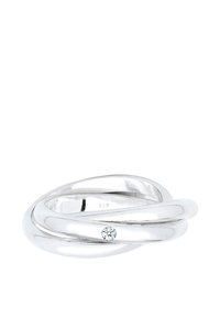 Sterling silver ring med sammanflätade band, med en liten diamantdetalj. Slät yta, polerad finish och märkt med "925."