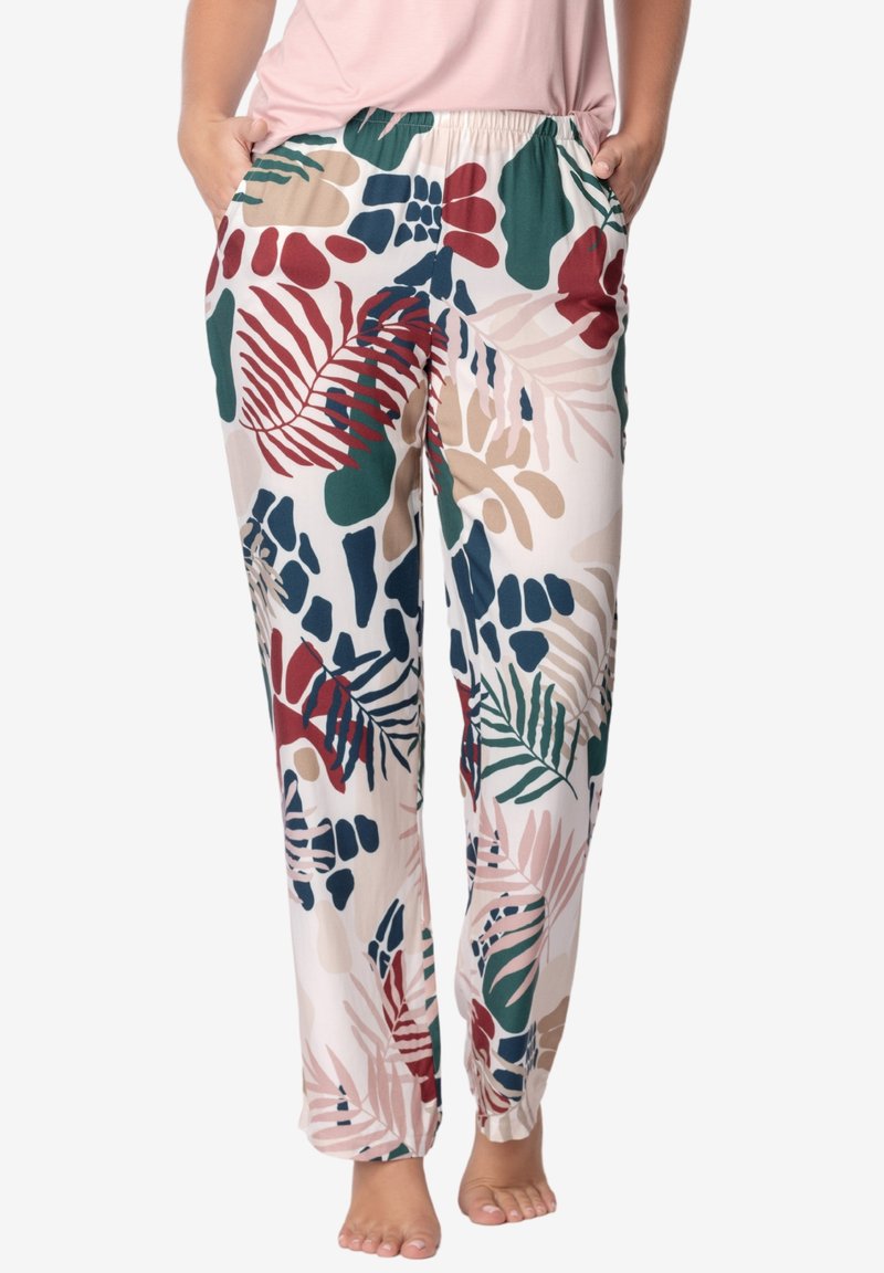 Spodnie w kwiatowy wzór z lekkiego materiału. Posiadają elastyczny pasek w talii, boczne kieszenie oraz kolory, w tym zielony, czerwony i beżowy.