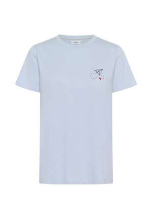 Lichtblauw katoenen T-shirt met korte mouwen, voorzien van een zwarte papieren vliegtuiggrafiek en een klein rood hartje, geplaatst op de linkerborst.