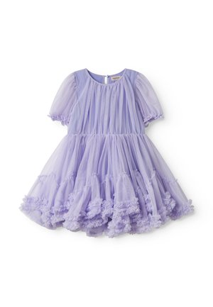 Fialové krátke šaty s krátkymi priehľadnými nafúknutými rukávmi, plisovaným živôtikom, riaseným pásom a volánovou tylovou sukňou pre batoľa alebo dieťa.