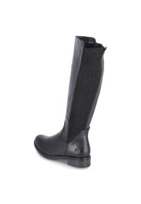 Botte noire montante en cuir lisse à l'avant et panneau élastique nervuré à l'arrière, avec un petit talon bloque pour la stabilité.