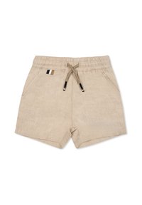 Pantaloni corti in lino beige con vita elastica, cordoncino e tasche laterali. Presentano un piccolo accento verticale a pannelli colorati sulla vita.