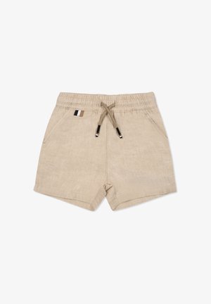 Pantaloni corti in lino beige con vita elastica, cordoncino e tasche laterali. Presentano un piccolo accento verticale a pannelli colorati sulla vita.