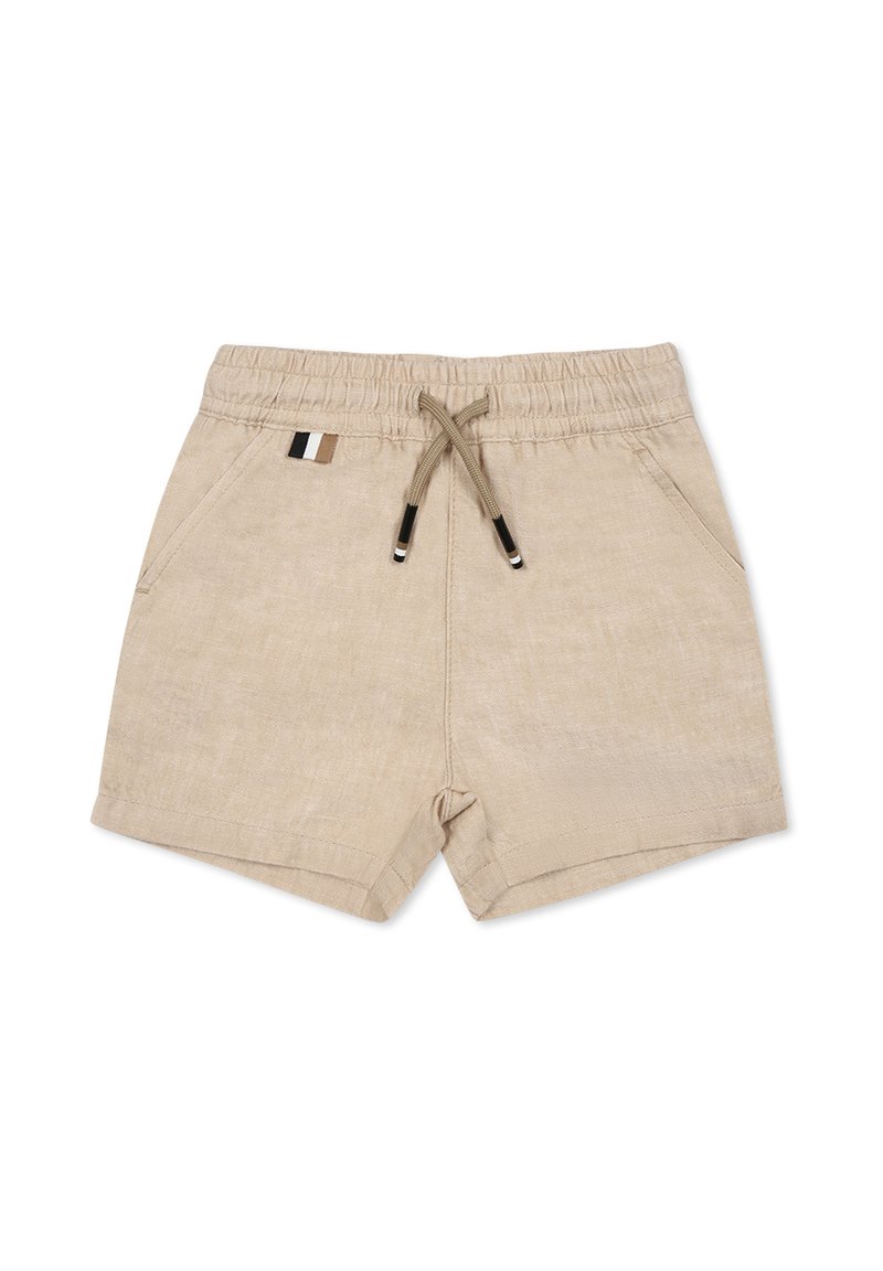 Pantaloni corti in lino beige con vita elastica, cordoncino e tasche laterali. Presentano un piccolo accento verticale a pannelli colorati sulla vita.