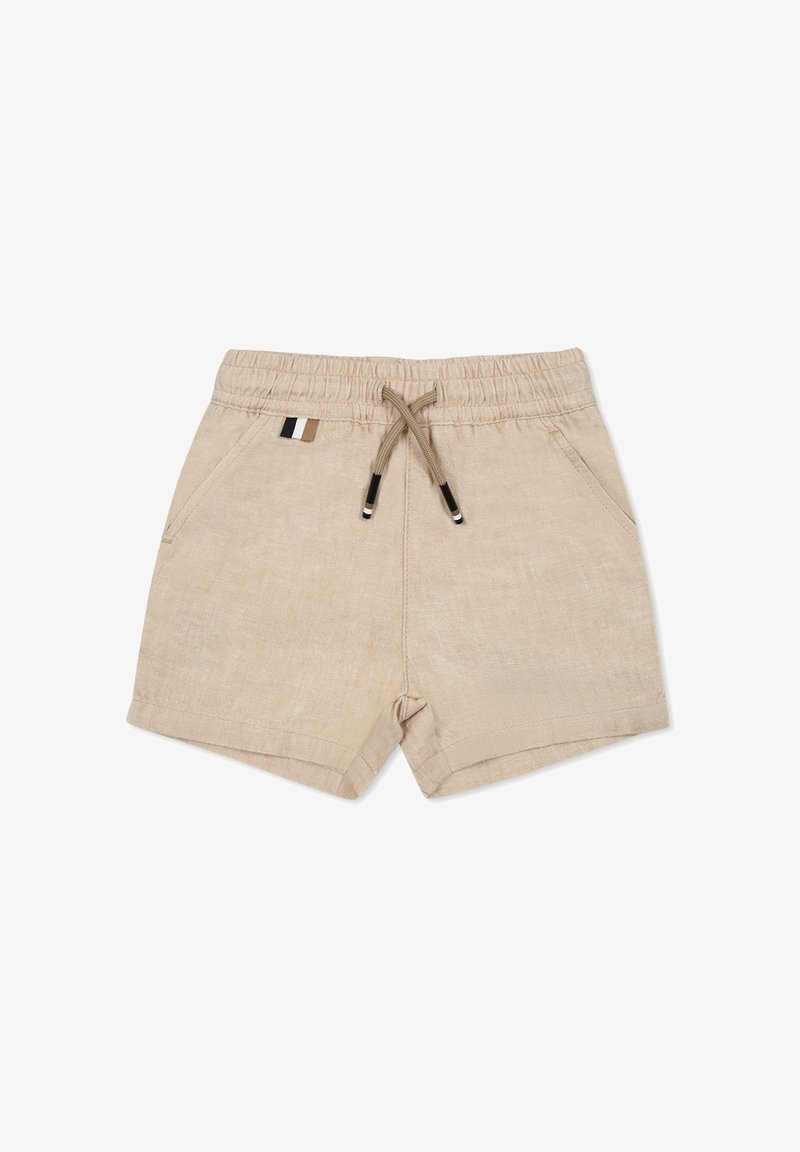 Pantaloni corti in lino beige con vita elastica, cordoncino e tasche laterali. Presentano un piccolo accento verticale a pannelli colorati sulla vita.