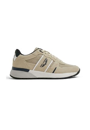 Beige and white PME Legend sneaker with black accents, lace-up closure, textured sole, and logo on side and heel.