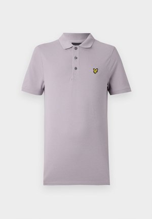 Polo gri-lila din bumbac. Are guler, trei nasturi și un mic logo brodat galben pe pieptul stâng.