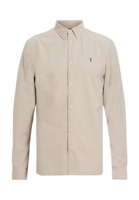 Camicia a maniche lunghe con bottoni in tessuto beige chiaro. Presenta un colletto classico, bottoni frontali e un piccolo logo ricamato sul petto.
