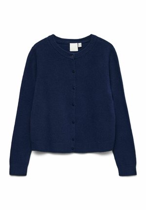 Donkerblauwe gebreide cardigan met lange mouwen, ronde hals en knoopsluiting aan de voorkant. Zachte textuur met geribbelde manchetten en zoom.