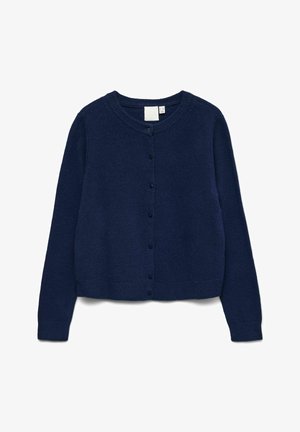 Marineblauer gestrickter Cardigan mit langen Ärmeln, rundem Ausschnitt und Knopfleiste vorne. Weiche Textur mit gerippten Bündchen und Saum.