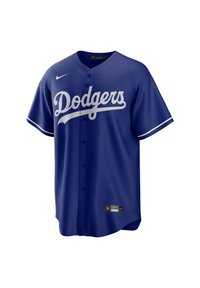 Maillot de baseball bleu en tissu léger, avec le lettrage blanc "Dodgers", une fermeture à boutons et des rayures sur les côtés. Comprend le logo Nike.