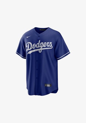 Maglietta da baseball blu realizzata in tessuto leggero, con scritta bianca "Dodgers", chiusura con bottoni e strisce laterali. Include il logo Nike.
