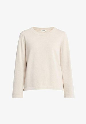 Šviesiai smėlinis, ilgomis rankovėmis megztinis su apvaliu iškirpimu, pagamintas iš minkštos medžiagos, turintis laisvą siluetą ir tiesų apačią. Be raštų ar akcentų.