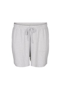 Gray striped shorts with an elastic waistband, drawstring, and side pockets. Soft fabric with a lightweight texture.