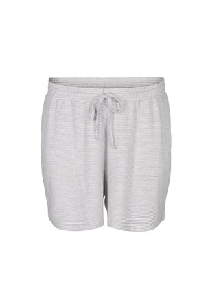 Housut harmaaraidallisina, jossa on joustava vyötärö, nyöri ja sivutaskut. Pehmeä kangas, jossa on kevyt rakenne.