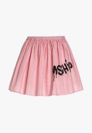 Jupe rose élastique avec une taille en élastique et un texte style graffiti noir "MSH10" sur un côté.