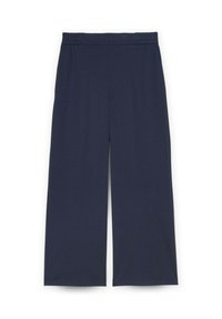 Marinefarbene, weit geschnittene Hosen aus einem weichen, dehnbaren Stoff. Mit elastischem Bund und lässiger, fließender Passform. Ohne Taschen.