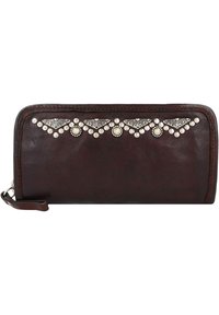 Portafoglio in pelle marrone scuro con dettagli decorativi in argento e perle. Dotato di chiusura a zip e cinturino, presenta una texture liscia.