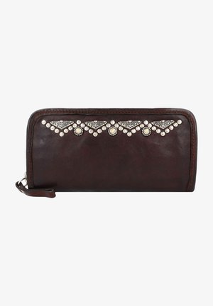 Leren portemonnee in donkerbruin met decoratieve zilveren en parelaccenten. Voorzien van een ritssluiting en handriem, met een gladde textuur.
