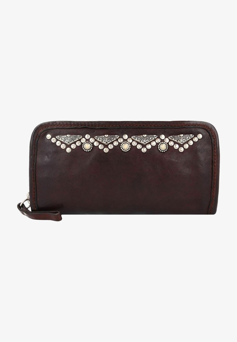 Leren portemonnee in donkerbruin met decoratieve zilveren en parelaccenten. Voorzien van een ritssluiting en handriem, met een gladde textuur.