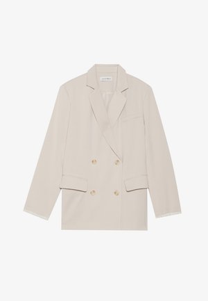 Béžový dvojradový blejzer s klopovým golierom, dvoma prednými vreckami a bielymi štepovými detailmi na rukávoch. Hladká textúra látky.