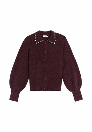 Burgundy cardigan med en texturerad yta, featuring en dekorativ krage prydd med små konstgjorda pärlor och knäppning fram.
