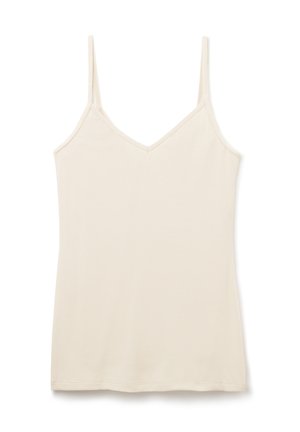 Cremefarbenes ärmelloses Top mit V-Ausschnitt, aus weichem Stoff gefertigt; verfügt über dünne verstellbare Träger und einen geraden Saum.