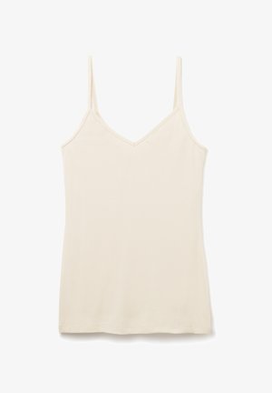 Cremefarbenes ärmelloses Top mit V-Ausschnitt, aus weichem Stoff gefertigt; verfügt über dünne verstellbare Träger und einen geraden Saum.