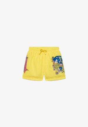Pantaloncini da bagno gialli per bambini con grafiche di Sonic the Hedgehog e la scritta "Keep Running" sulla gamba destra, con vita elastica e coulisse.