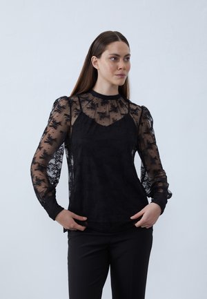 Black sheer blouse with floral lace pattern, high neckline, puffed sleeves, and fitted inner layer; worn with black trousers.