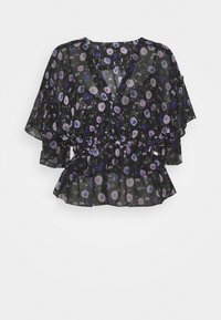 Blusa nera trasparente con stampa floreale in viola e bianco; scollatura a V, maniche corte a campana e orlo arricciato in vita.